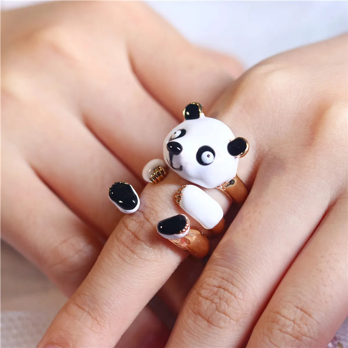 Elegant Gold Wedding Band-Fashion Panda Iron Copper Enamel Plating Women's Open Ring 1 Set