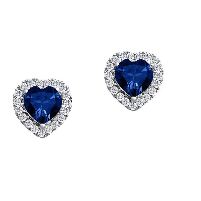 Modern Gold Earrings-5MM Heart Shape Blue Sapphire and White Sapphire Birthstone Halo Stud Earrings in 10KT White Gold