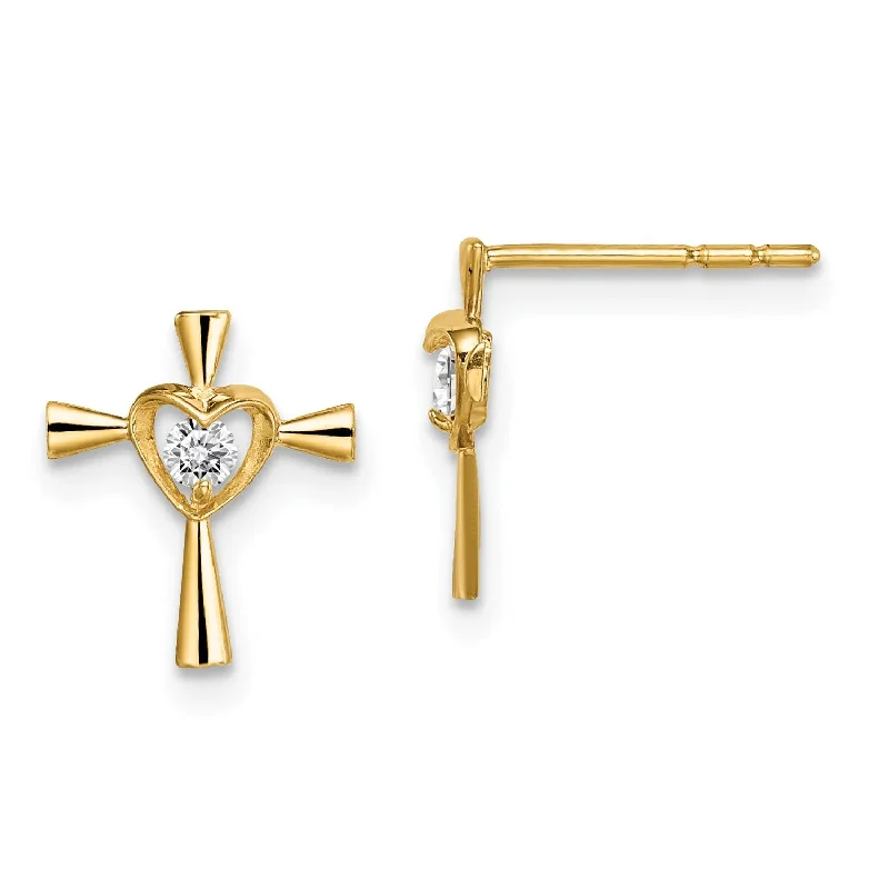 Diamond Dangle Earrings-14KT Yellow Gold Cubic Zirconia Childrens Heart Cross Stud Earrings