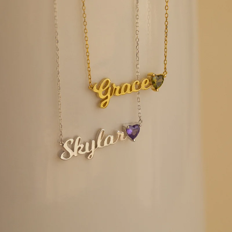 Designer Necklace for Evening-Mellow Name Heart Birthstone Necklace