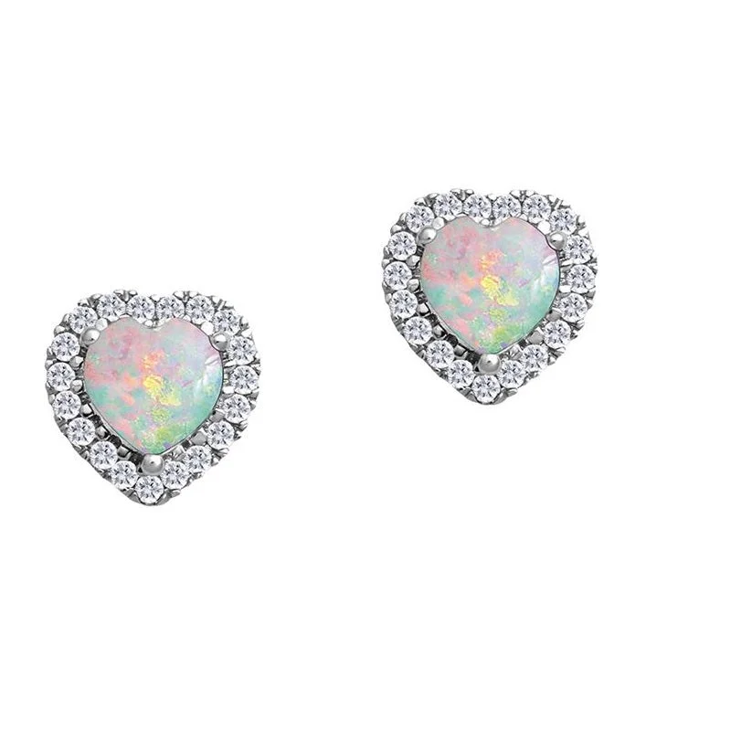 Wedding Earrings for Bride-5MM Heart Shape Opal and White Sapphire Birthstone Halo Stud Earrings in 10KT White Gold