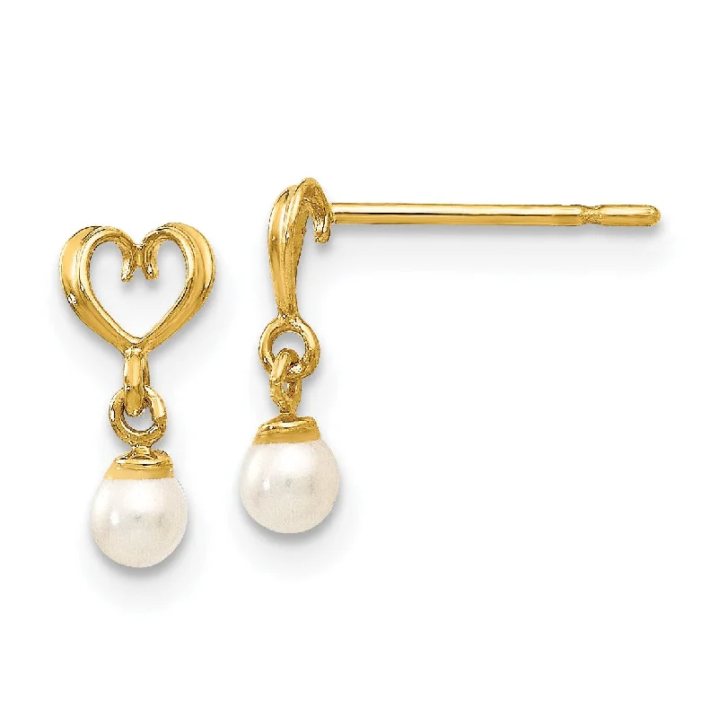 Beaded Dangle Earrings-14KT Yellow Gold Pearl 9X5MM Childrens Heart Drop & Dangle Earrings