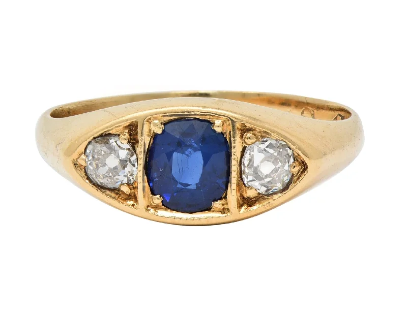 Unique Gemstone Ring for Women-Vintage 1960s 1.09 CTW Sapphire Diamond 14 Karat Gold Marquise Three Stone Ring