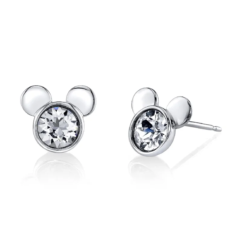 Elegant Long Earrings-Disney Sterling Silver Round Crystal Birthstone Mickey Mouse Stud Earrings