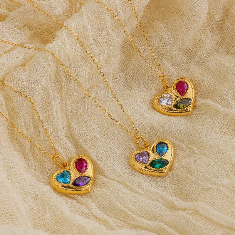 Delicate Gold Necklace-Mixed Birthstone Heart Necklace