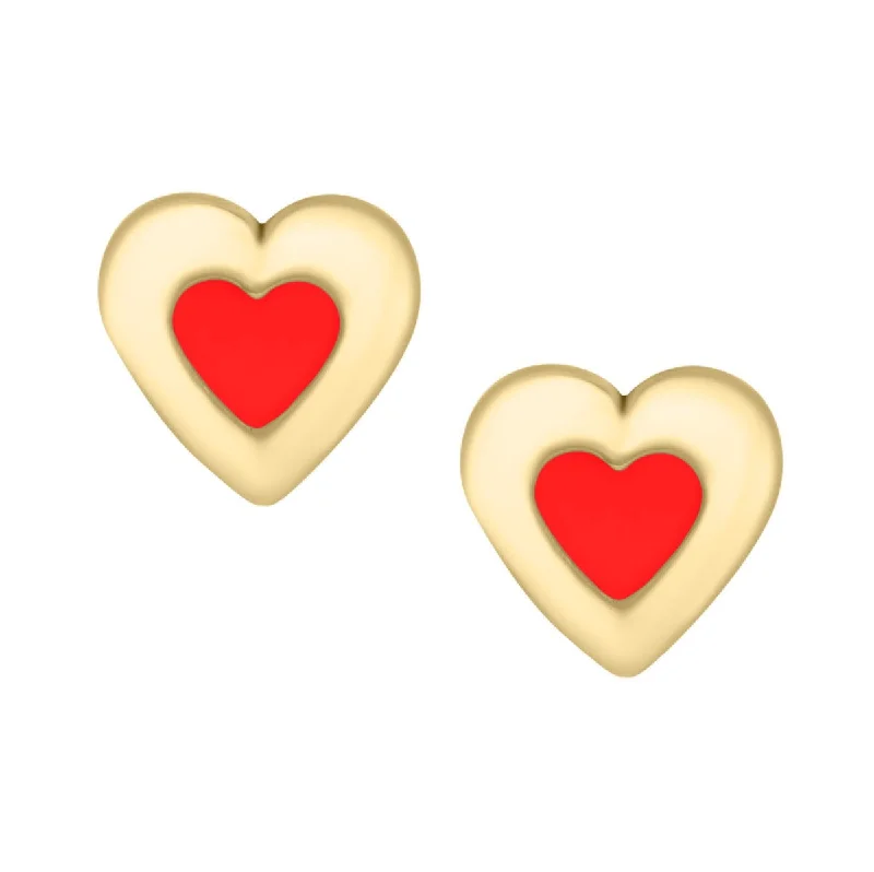 Classic Stud Earrings-Kiddie Kraft 14KT Gold Red Heart Earrings