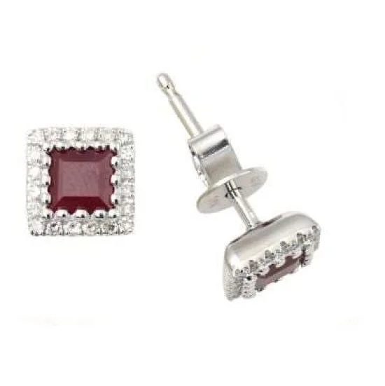 Dainty Gold Earrings-3.6MM Square Ruby and Diamond Halo Stud Earrings in 14KT White Gold