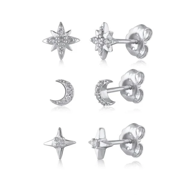 Butterfly Design Earrings-1/7 CTW Diamond 3-Pair Moon and Star Stud Earrings in Sterling Silver