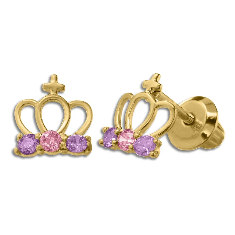 Designer Earrings for Special Occasions-Kiddie Kraft 14KT Yellow Gold Cubic Zirconia Stud Tiara Crown Earrings