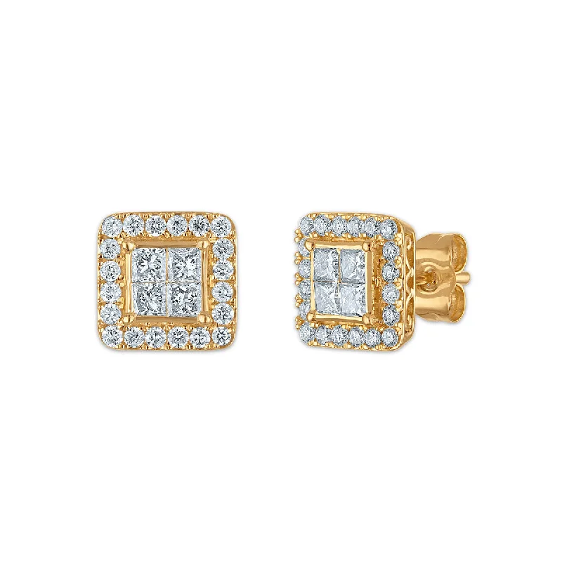 Simple Silver Drop Earrings-Red Hot Deal 1 CTW Princess Cut Lab Grown Diamond Halo Stud Earrings in 14KT Yellow Gold