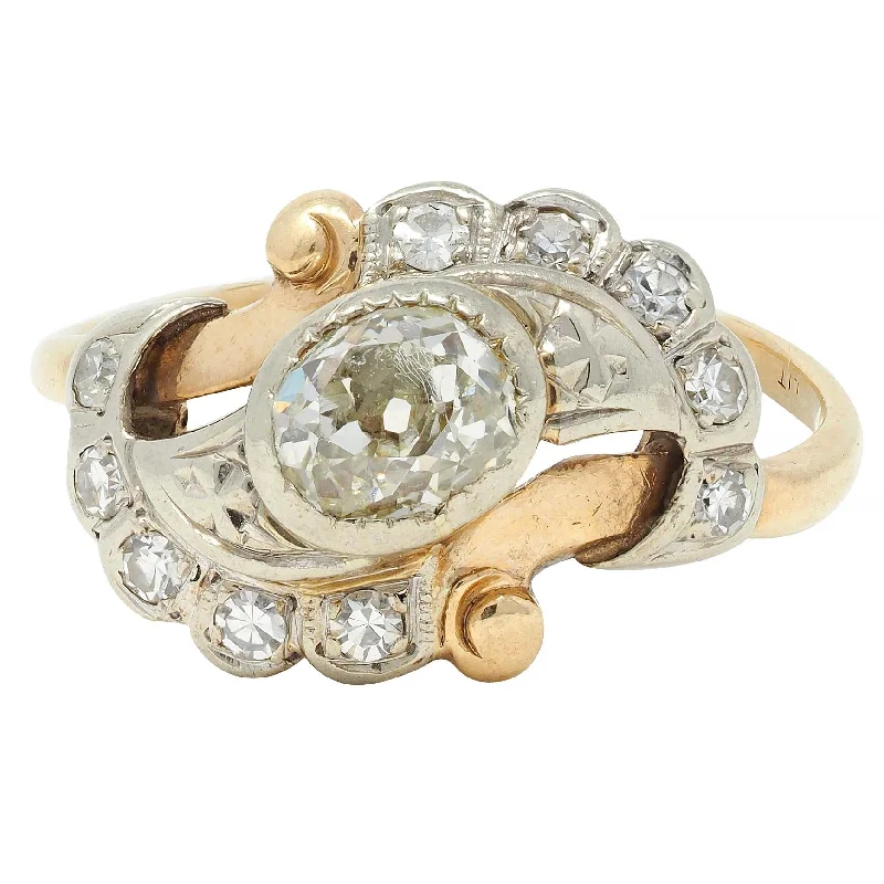 Classic Engagement Ring for Women-Early Art Deco 0.75 CTW Old Mine Cut Diamond 14 Karat Two-Tone Gold Vintage Bypass Ring