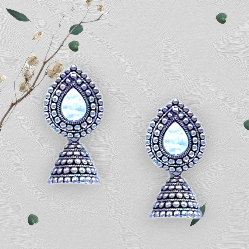 Lightweight Hoop Earrings-Mirror Studded Small Zumkhi Oxidised Earrings