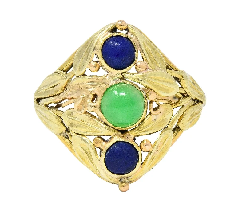 Wedding Rings for Couples-Arts & Crafts Jade Lapis Lazuli 14 Karat Two-Tone Gold Foliate Navette Antique Ring