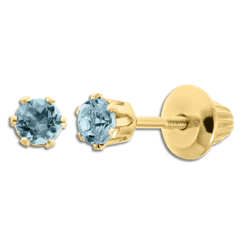 Luxury Bridal Earrings-Kiddie Kraft 14KT Yellow Gold Round Aquamarine Childrens Birthstone Stud Earrings