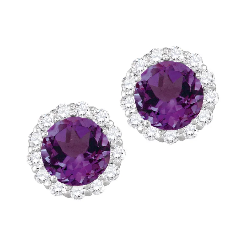 Artistic Dangle Earrings-6MM Round Amethyst and White Sapphire Birthstone Halo Stud Earrings in 10KT White Gold