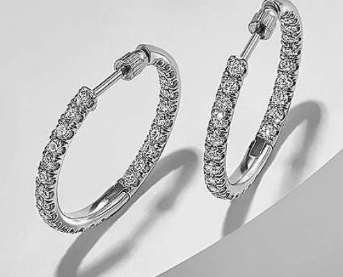 Vintage Gold Earrings-14K White Gold French Pavé 20mm Round Inside Out Diamond Hoop Earrings